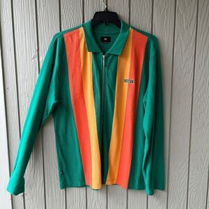 Obey Sunset-Stripe Zip Polo, 100 % Cotton Knit Jacket Green/Orange Sz M
